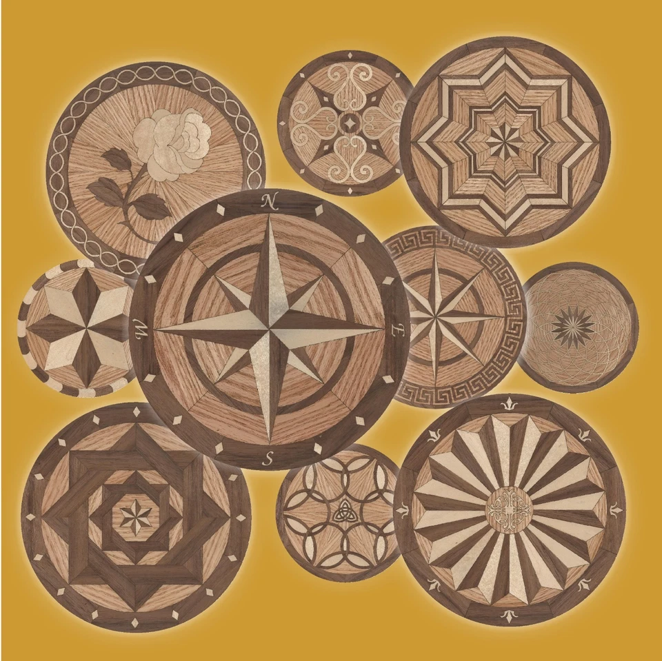 MEDALLÓN PISO MADERA DURA 24" 18" O 12" DIÁMETRO X 3/4" THK - VARIOS DISEÑOS - MADERA Foto 1 de 1