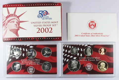 2002 United States Mint Silver Proof Set in Box with papers 50 State Quarters Cover