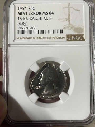 1967 Washington quarter dollars. Straight Clip Error 15% NGC MS64 Cover