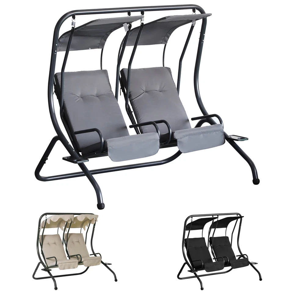 2 Seat Modern Outdoor Swing Chairs With Handrails and Removable Canopy - Image 1 of 1