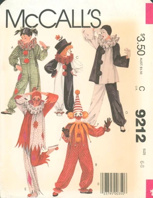 Children's Clown Costume Pattern Size 6-8  McCall's 9212 Cut Jumpsuit Collar Hat - Image 1 of 2