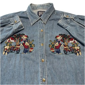 Camisa vaquera vintage Quizz con botones para mujer talla 20 oso bordada Navidad años 90 - Imagen 1 de 9