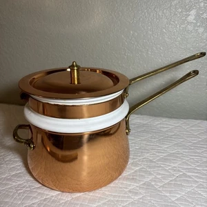 Caldera doble vintage de cobre, latón y cerámica sin marca - Imagen 1 de 9