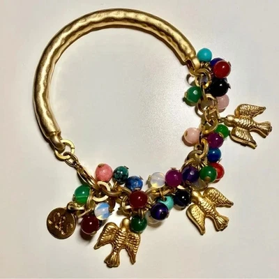 Pulsera con dije de oro de inspiración vintage S&S - cuentas de varias piedras y dijes de pájaros Foto 1 de 4