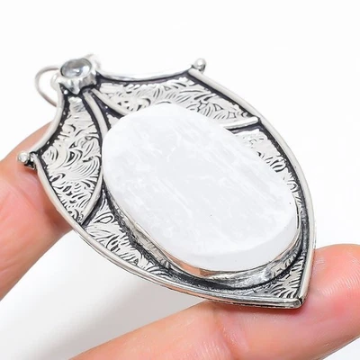 Selenite, pietra preziosa topazio bianco 925 ciondolo gioiello in argento ste... - Immagine 1 di 4