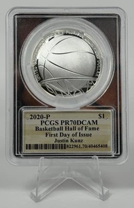 2020-P Basketball Hall of Fame Silver Dollar PCGS PR70 DCAM FDOI NBA Justin Kunz - Picture 1 of 2