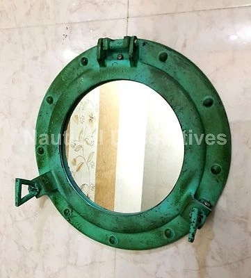 ANTIQUE GREEN SHIPS SEA SAILING PORTHOLE MIRROR 11" NAUTICAL HOME DECOR - Image 1 of 4