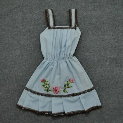 Винтажный ручной работы платье девочек средний большой синий цветочный без рукавов 70-х 80-х - Изображение 1 из 4