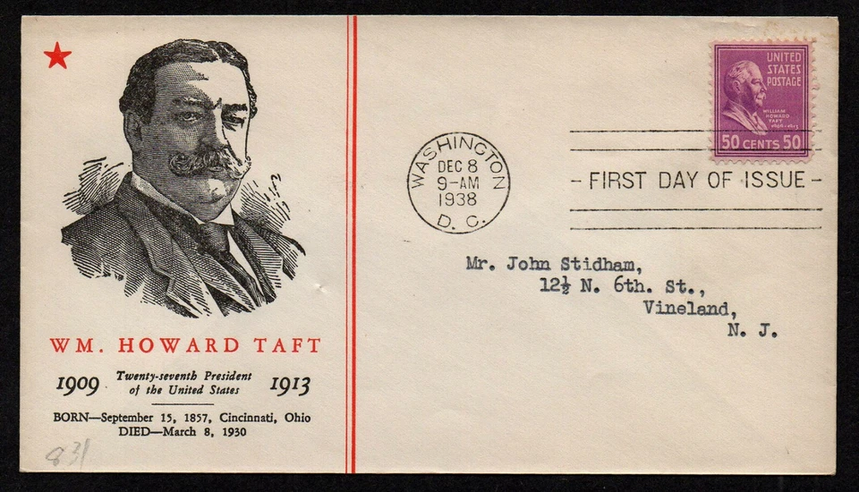 USA, SCOTT # 831, LINPRINT FDC COVER - PRESIDENT WILLIAM HOWARD TAFT, YEAR 1938 - Image 1 of 1