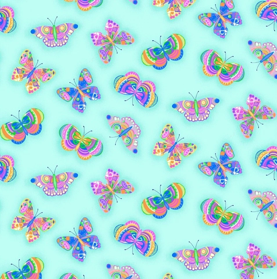 BOLT END 33 INCHES Rainbow Butterflies on Turquoise Comfy Cotton Flannel Fabric - Image 1 of 1