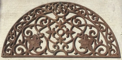 Antique 14" X 27" Cast Iron Door Mat Floral Rustic Rust Patina Half Circle ~866A Cover