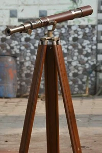 Antique Nautical Brass Leather New Telescope with Wooden Tripod Stand décor - Picture 1 of 6