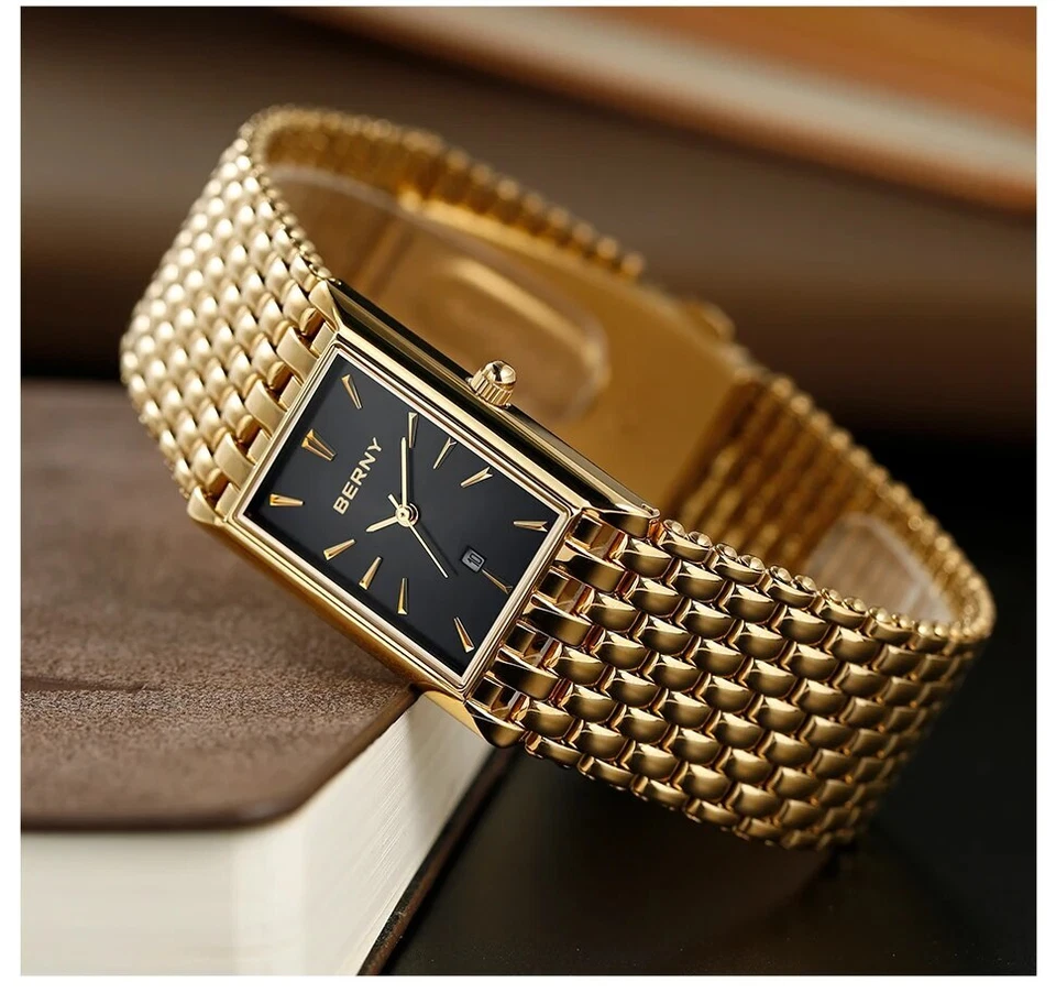 Reloj dorado esfera negra reloj rectangular hombre banda ancha elegancia diseño elegante Foto 1 de 4