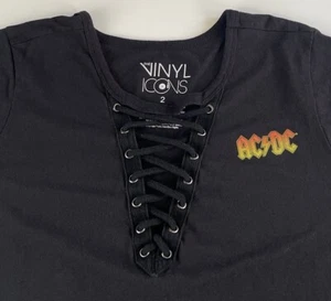 AC/DC Back In Black Lace Up T Shirt Cuffed Sleeve Women’s Band Tee Size 2 - Picture 1 of 12