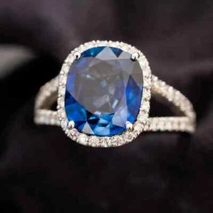5.20 Ct Cushion Cut Natural Sapphire & Diamond Wedding Ring 14K White Gold Solid - Picture 1 of 5