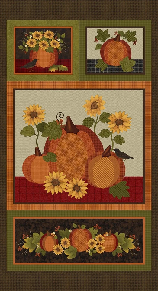 Pumpkin Autumn Fabric 23.5" X44" Panel Fall Sunflowers Fall Cotton Benartex - Image 1 of 1