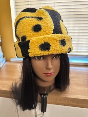 Handmade Smiley Happy Face Black Yellow Sherpa Winter Knit Soft Beanie Hat - Image 1 of 4