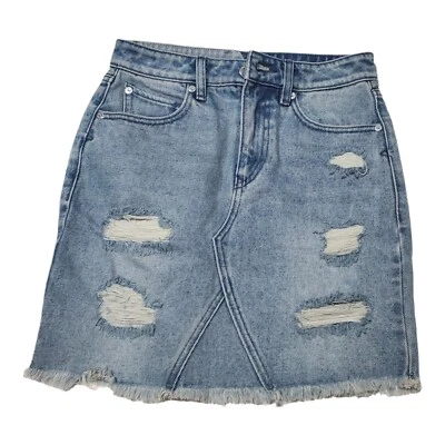 NWT Volcom High Rise Jean Skirt Stoned Mini Medium Wash Denim XS Distressed - Image 1 of 4