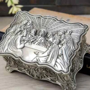 Letztes Abendmahl Jesus Vintage Metall Schmuck Box Aufbewahrung Eucharistische Deko Box - Bild 1 von 8