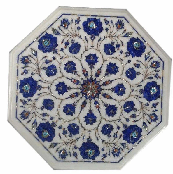 18" Handmade Lapis Pietra Dura Inlay Marble Side / End Table Top Home Decor - Image 1 of 1