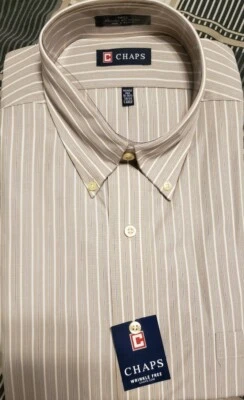 Camisa de Vestir Chaps Ajuste Regular Sarga Sin Arrugas Caqui Rayas 16-16.5 34/35 Nueva con Etiquetas Foto 1 de 3