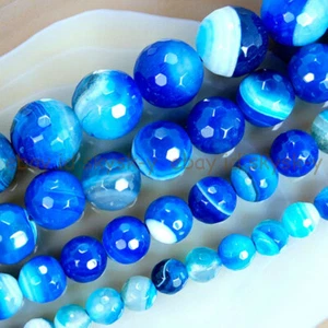 Faceted 6/8/10/12mm Blue Stripe Agate Gemstone Round Loose Beads 15'' Strand - Picture 1 of 9