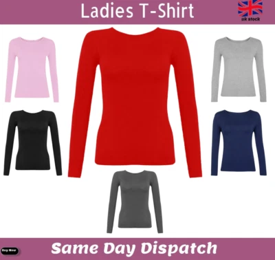 RSJ LADIES PLAIN TSHIRT WOMANS LONG SLEEVE SCOOP NECK CASUAL COTTON FITTED UK 8-22