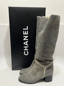Vtg CHANEL GRAY LEATHER CC LOGO BOOTS 36.5 - Picture 1 of 11
