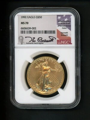 American Eagle 1992 de oro de 1 oz NGC MS70 BANDERA firmada por Ken Bressett fecha rara Foto 1 de 4