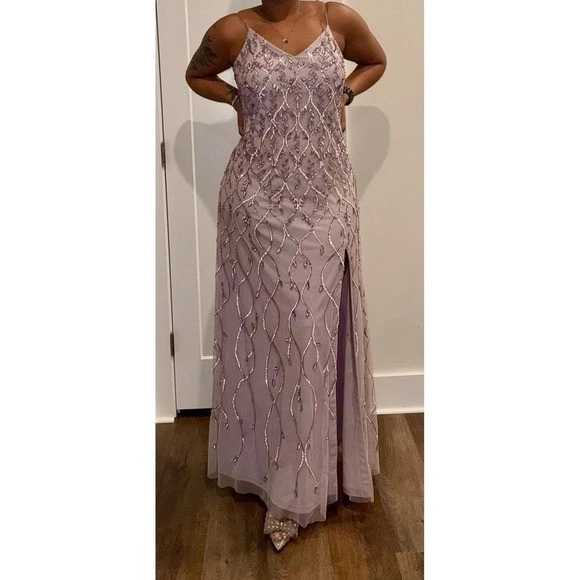 Vestido Adrianna Papell Platino Adornado Cuentas Lavanda Formal Noche Talla 14 Foto 1 de 4