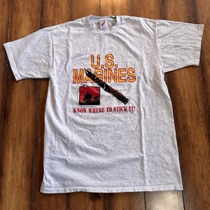 Vintage US Marines T-Shirt Size Large (fits M) Knife Know Where To Stick It USMC - Picture 1 of 6