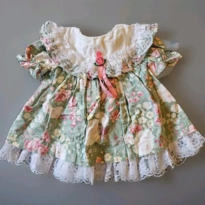 VTG 80s Dress Girls 6-9M Green Cottage Floral Lace Cabbage Rose Peony Victorian - Picture 1 of 11