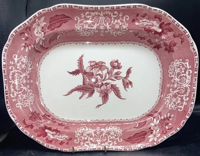 Spode Copeland Camilla Red Scalloped 12 1/2" Oval Serving Platter Old Mark - Image 1 of 4