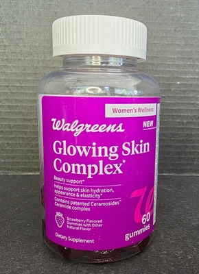 60 WALGREENS GLOWING SKIN COMPLEX GUMMIES, HYALURONIC ACID,STRAWBERRY *See Date* - Image 1 of 4