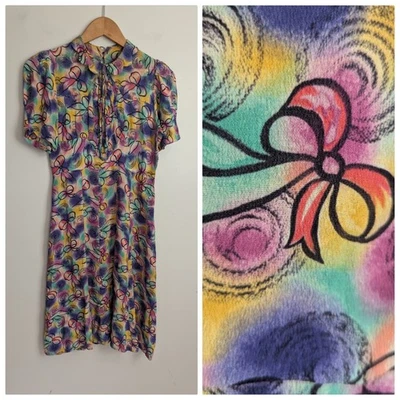 True Vintage 1940s Rayon Day Dress Rainbow Bow Print Puff Sleeve XS 2 4 WOW!  - Image 1 of 4