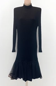 VTG Emanual Ungaro Blk Rib Knit Polka Dot Netting Back~Ruffle Hem Dress~M~EUC - Picture 1 of 10