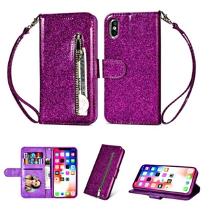 For iPhone 11 12 13 14 15 16 XS Bling Glitter Leather Wallet Card Slot Case - Picture 1 of 18