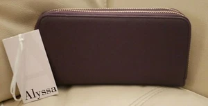 NEW W TAGS WOMEN'S ALYSSA PURPLE PLUM DOUBLE ZIP AROUND WALLET WRISTLET VEGAN - Picture 1 of 9
