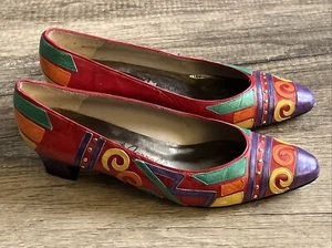 Vintage Margaret Jerrold mehrfarbig Gold Nieten niedrige Pumps Avantgarde Gr. 5,5 - Bild 1 von 4