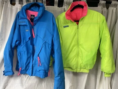 Chaqueta de esquí Columbia Whirlibird años 90 para mujer L abrigo 3 en 1 verde azulado rosa neón *Leer Foto 1 de 4