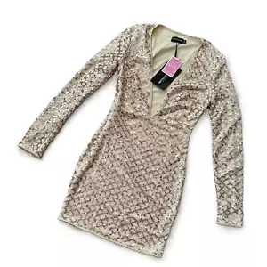 NWT PrettyLittleThing Mini Dress Rose Gold Sequin Long Sleeve Bodycon US 2 - Picture 1 of 7