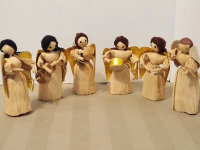 JUEGO VINTAGE DE 6 FIGURAS MUSICALES DE ÁNGELES HECHOS A MANO CON CÁSCARA DE MAÍZ 4,25 DECORACIÓN NAVIDAD Foto 1 de 4