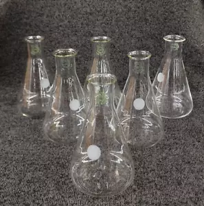 Vtg. Green Label Pyrex 250mL Erlenmeyer Flask, Lab Glass, Apothecary, Lot/6. USA - Picture 1 of 5
