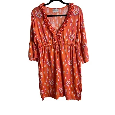 Mud Pie Bag Lady Size Medium Linen Dress Orange Pink Sinched Waist Beachy Costal - Image 1 of 4