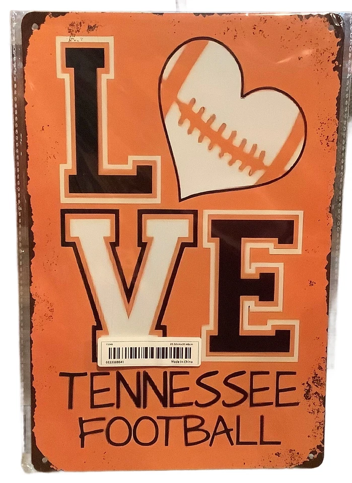 Letrero de metal de voluntarios de Tennessee 8 x 11- “Love TN Football” fútbol americano universitario Foto 1 de 1