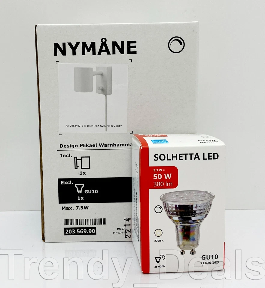 IKEA Nymane Wall/reading Lamp White LED Bulb Gu10