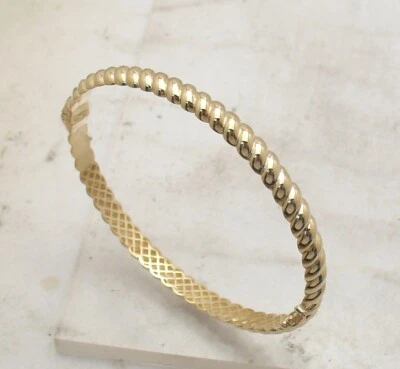 Medium Size Twisted Rope Oval Edged Hinged Bangle Bracelet Real 14K Yellow Gold - Image 1 of 4