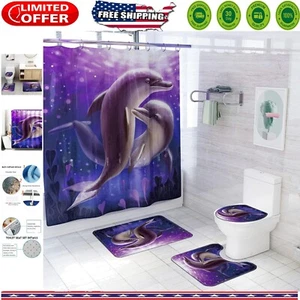 Complete 4-Piece Purple Dolphin Shower Curtain Set with Matching Bathroom Rugs - Picture 1 of 9