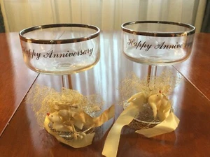 Vintage HAPPY ANNIVERSARY Champagne Toasting Glasses Silver Rim - Picture 1 of 9