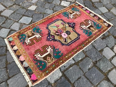 土耳其复古小地毯手工羊毛波西米亚浴垫地毯 1,6 x 2,9 英尺 — 第 1/4 张图片